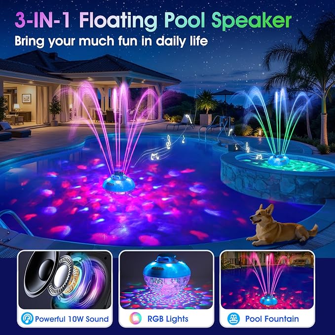 Blufree Bluetooth Pool Speaker w/Colorful Pool Fountain Light, 3 in 1 Floating Pool Speaker Loud Sound, IP68 Waterproof Floating Hot Tub Speakers, Bluetooth 5.4, 24H Playtime Pool Wireless Speakers