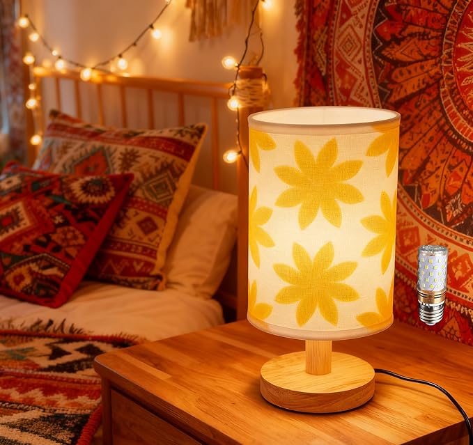 Small Bedside Night Table Lamp∣Inline Control & 3 Brightness Levels∣Yellow Flower-Patterned Shade Bedside Lamp for Bedroom,Living Room,Study,Dorm,Home Office,Baby Room & Kitchen
