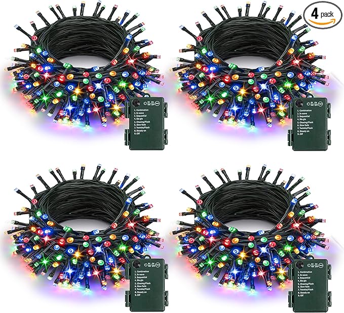 Battery Operated Christmas Lights - 4 Pack Total 66ft 200 LEDs Multicolor Christmas Lights with Timer, 8 Modes Waterproof Twinkle Lights for Indoor Outdoor Xmas Tree Wreath Party Holiday Decorations