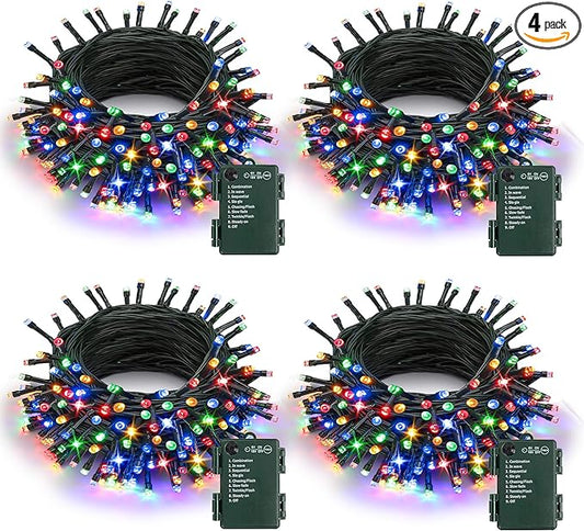 Battery Operated Christmas Lights - 4 Pack Total 66ft 200 LEDs Multicolor Christmas Lights with Timer, 8 Modes Waterproof Twinkle Lights for Indoor Outdoor Xmas Tree Wreath Party Holiday Decorations