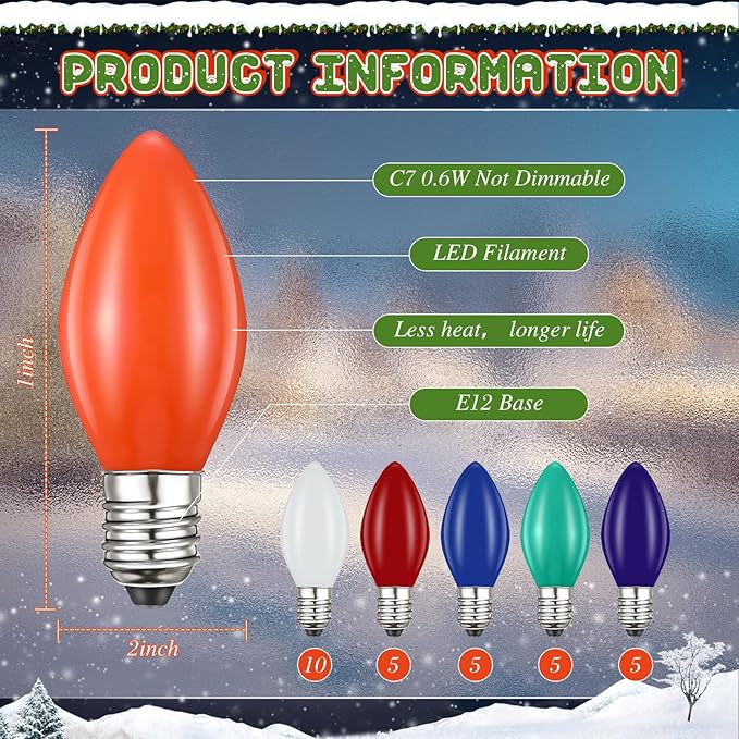 35 Pack C7 LED Christmas Lights Replacement Bulbs, 0.6W Vintage Multicolor Ceramic LED Bulbs for Outdoor Indoor String Lights, E12 Candelabra Base, Waterproof