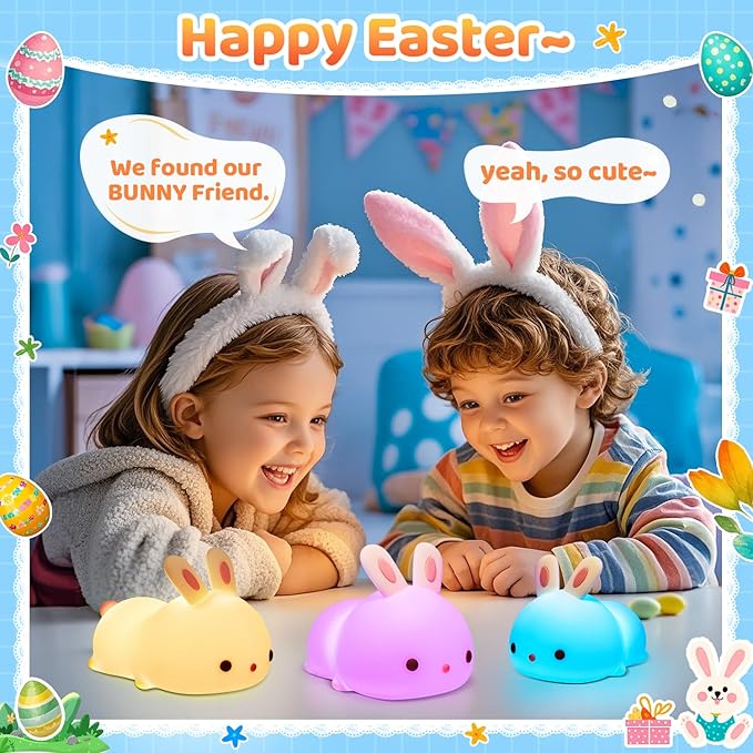 OneFire Easter Bunny Gifts for Kids, 16 Colors Night Light for Kids Cute Lamp, Soft Silicone Baby Night Light, 1200mAh Portable Dimmable Bunnies Touch Lamps, Easter Gifts Bunny Toys Kawaii Room Decor