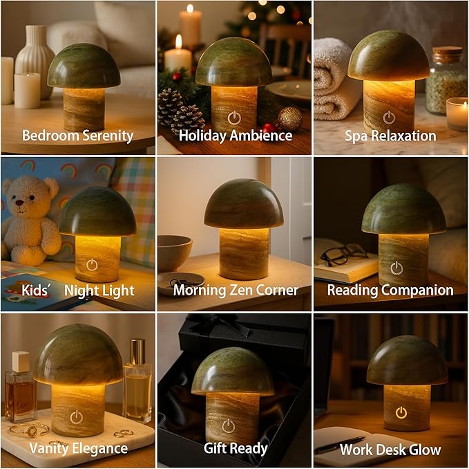 Natural Stone Mushroom Lamp - Jade Gemstone Night Light with LED, Touch Control 3 Brightness, USB Rechargeable Bedside Table Decor Gift