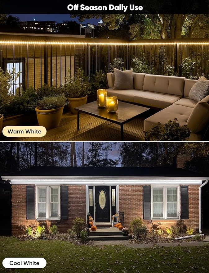 16FT Outdoor LED Strip Lights RGB+IC with Warm&Cool White, ETL Listed Music Sync Light Strip AC 120V, IP65 Waterproof and Connectable, for Party Festival Eave Porch Patio Every Day Decor