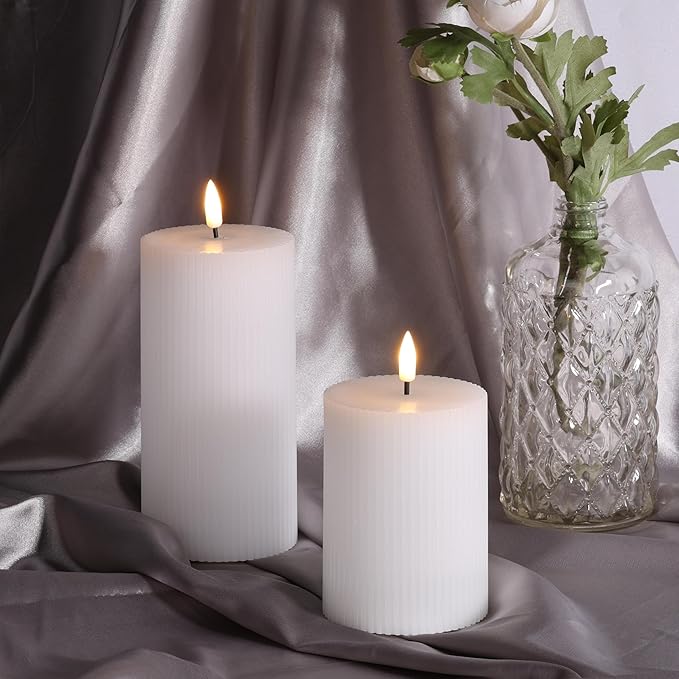 White Ribbed Flameless Pillar Candles with Remote, Flickering LED Wax Candles Battery Operated Set of 2
