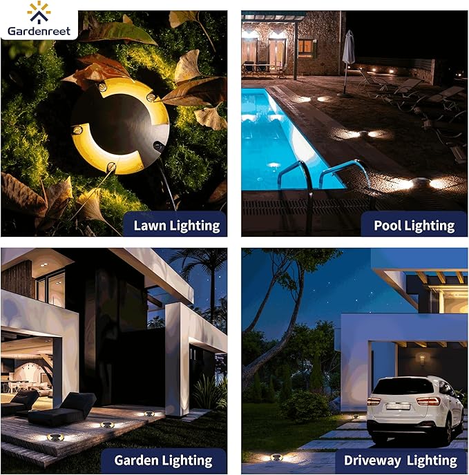 Gardenreet Brass Low Voltage Well Lights for Landscaping Kit(4 Pack) with MR16 Bulb & 100Feet Wire & Connectors, 12V AC/DC LED In Ground Landscape Lighting for Outdoor Yard Garden Path(2 Way Turret)