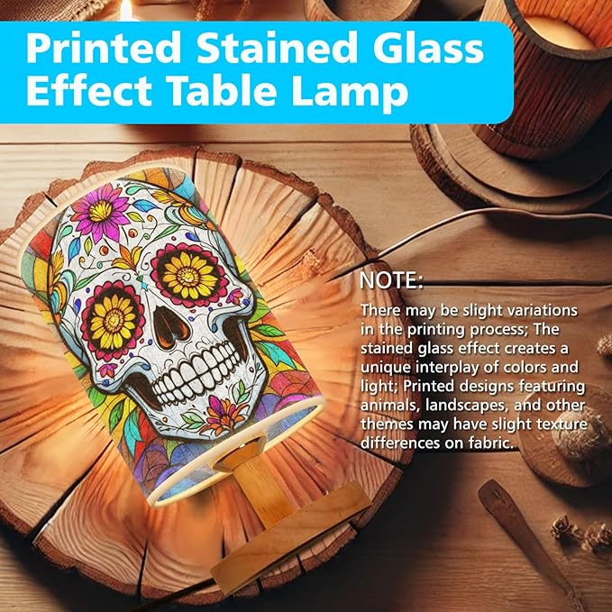 Day of The Dead Table Lamp LED 3-Color Pressed Bedside, Day of The Dead Shade Lamp with Wood Base for Bedroom Living Room Desk Office TL01