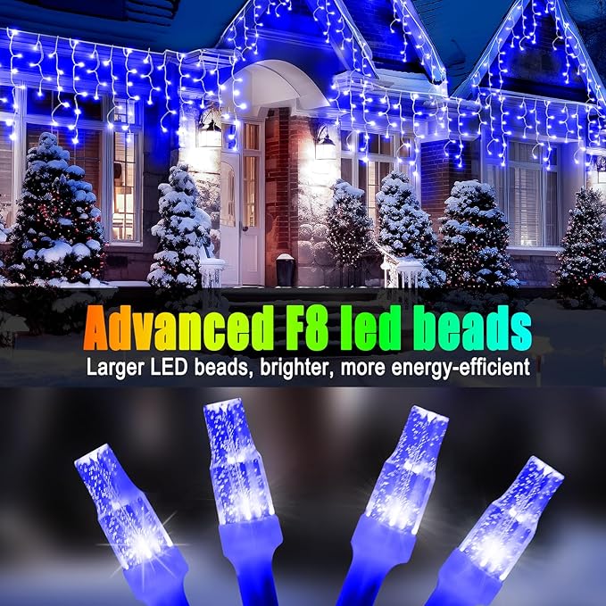 Christmas Lights Outdoor, 49FT 450 LED Ice Lights for Outside, Ice String Lights with 8 Modes, Waterproof Timer Memory Hanging Light for Eaves Party Yard Garden(Blue)