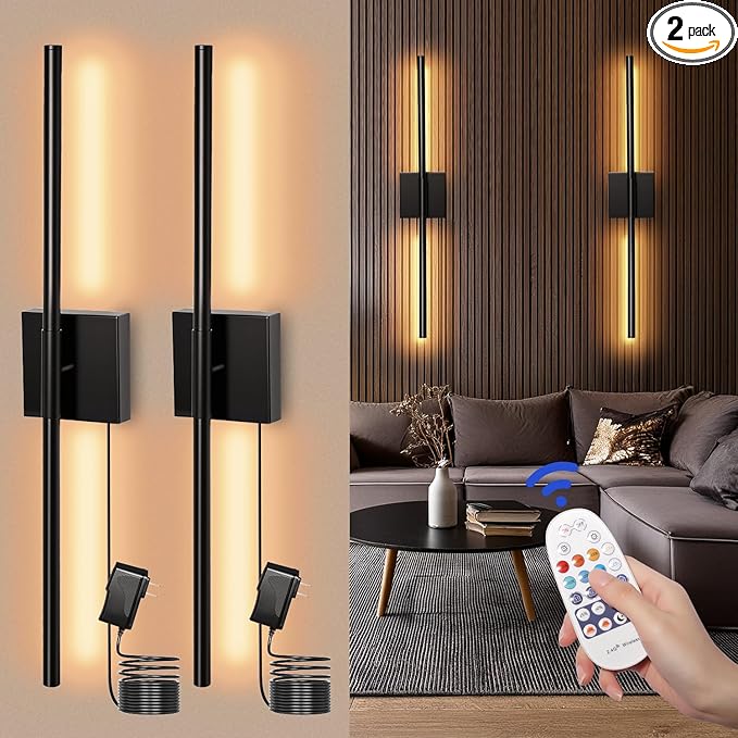 Lichaser Plug-in Black Wall Sconces for Acoustic Wood Panels, WiFi LED Sconce Lights Compatible with Alexa and Smart App, 3000K-6500K Color Temperature Adjustment, for Slat Wall Panels (Set of 2)
