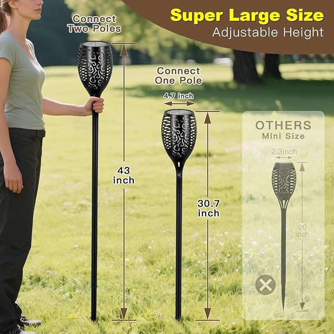 4 Pack Solar Lights Outdoor Larger 96 LED Solar Tiki Torches with Flickering Flame Upgraded Taller 43" Outdoor Lights Waterproof for Garden Patio Yard Pathway Outside Halloween Decorations