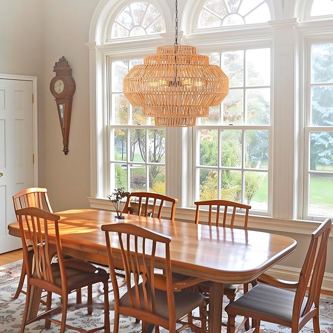 Large Rattan Chandelier Boho Pendant Light Fixture Dinning Room Chandelier Boho Hanging Light 31.5IN Basket Light Woven Rattan Pendant Light for Kitchen Island Hallway Bedroom Farmhouse Living Room