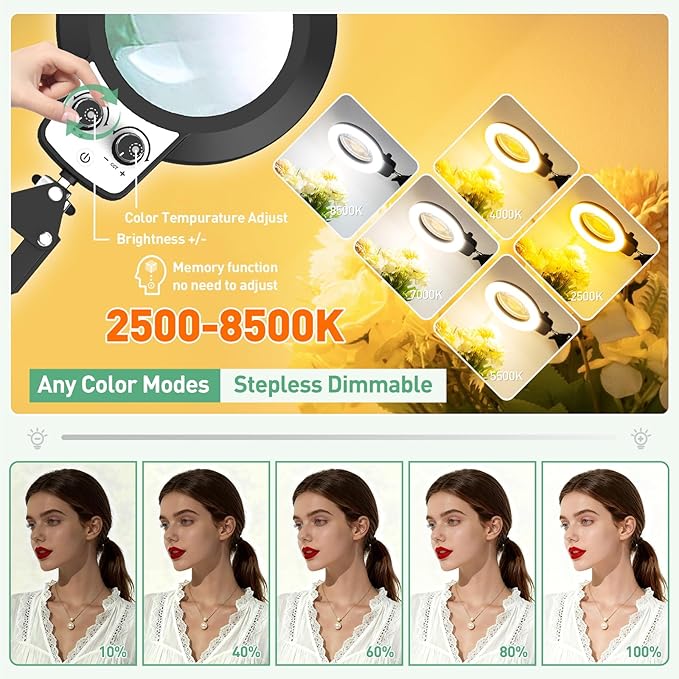 12X Magnifying Glass with Light, Ultra Long 3 Section Swing Arm LED Desk Lamp with Large Clamp, 3 Color and Brightness Hands Free Magnifier Light and Stand for Workbench Crafts Reading Sewing