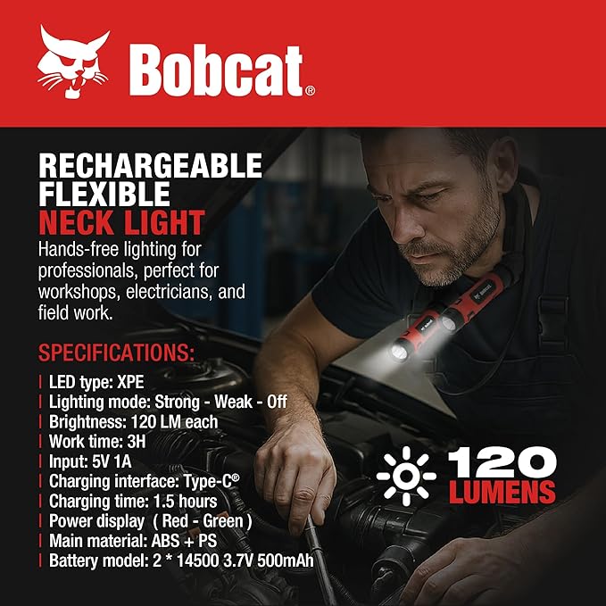 CJ TECH Bobcat Rechargeable Neck Light for Reading, Crafts, and Work – Flexible LED Reading Light Around Neck with 3 Modes, Magnetic Base, Type-C Charging – LED Hand Free Work Light