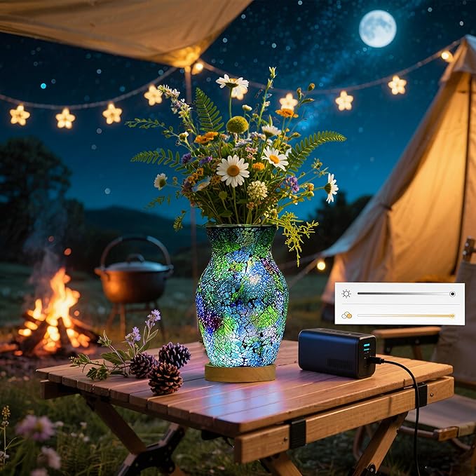 8-Inch Handcrafted Mosaic Cracked-Ice Vase Bedside Lamp with USB-Powered LED Wooden Base 10 Brightness Levels & 3 Color Temperatures,Art Decor Purple-Green Vase Night Light for Home