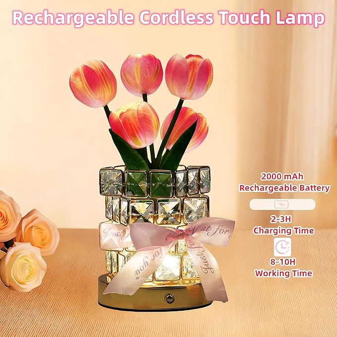 Tulips Flower Lamp,Rechargeable Cordless Touch Table Lamp for Bedroom,3-Colour Dimming Small Night Light,Crystal Bedside Lamps with USB Charge,Birthday Valentine's Day Gifts for Women,Mom,Wife