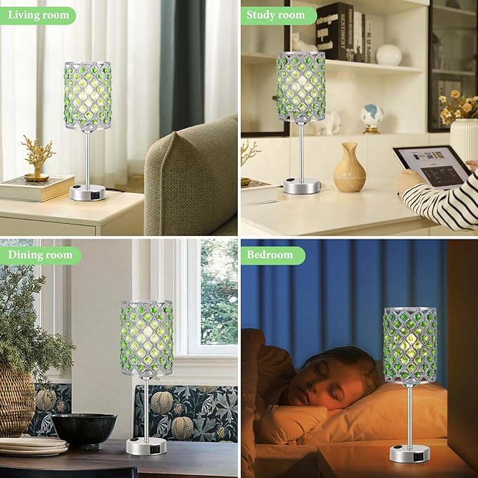 Hong-in Green Lamps for Night Stands-Crystal Table Lamp with USB-C+A & AC Charging Ports, 3-Way Dimmable Nightstand Touch Lamp, Bedside Desk lamp for Bedroom Living Room Home Office