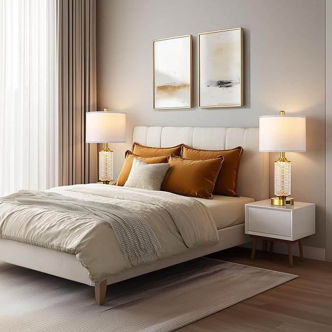 QiMH Set of 2 Table Lamps with USB A+C Ports, Modern Bedside Lamp with LED Night Light, Bedside Lamp for Bedroom, Nightstand Lamps for Living Room Office (Gold)(2 Bulbs Include)