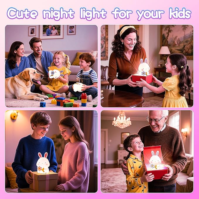 Bunny Night Light for Kids, 3 Level Dimmable Rabbit Nursery Nightlight, 1200mAh Soft Silicone Bedside Touch Lamps, Cute Rechargeable Easter Bunny Gifts for Baby Toddler Girls Boys Room Decor