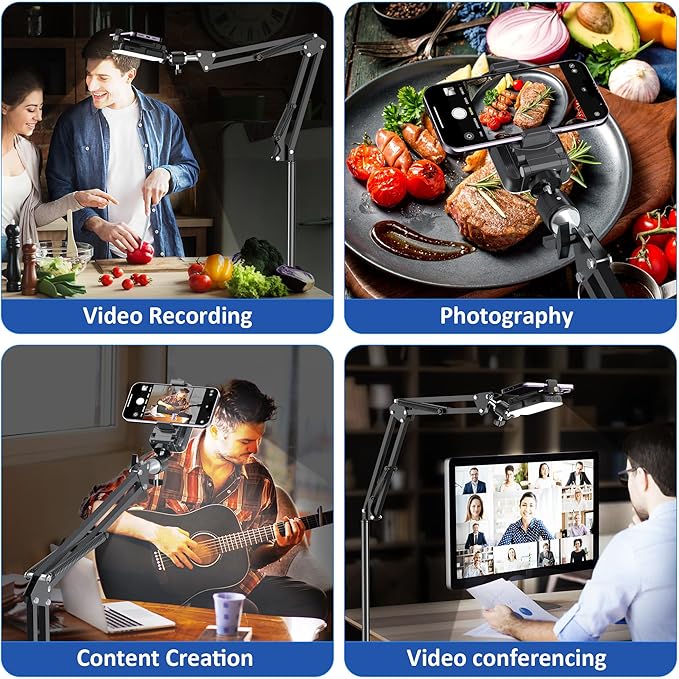 Floor Overhead Phone Tripod with Rechargeable Light for Cooking Videos, Move Around Phone Stand with Ring Light Content Creator Video Recording Selfie Photography TikTok Youtube Compatible with iPhone