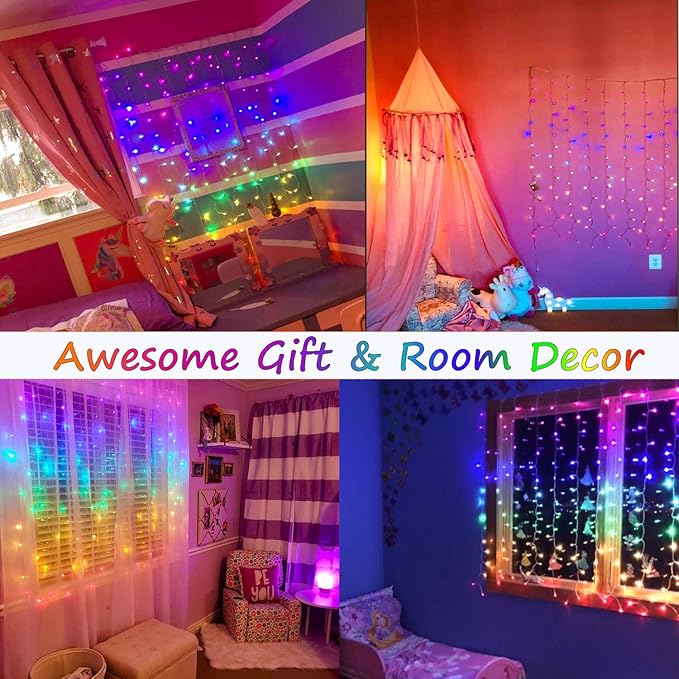 Rainbow Fairy String Curtain Lights with Remote, Twinkle LED Ombre Light Curtain for Girls Room, Kid's Bedroom, Teen Room, Unicorn Theme, Party, Easter Décor Gift (Rainbow)