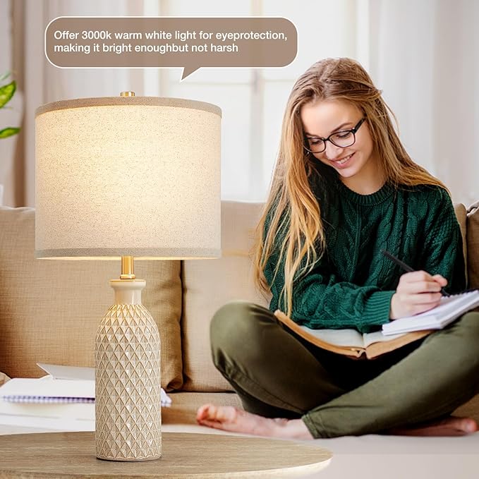 Luvkczc Ceramic Table Lamps Set of 2, Farmhouse 24.8" Bedside Lamps with 3-Color Temperature, Modern Nightstand Lamp Desk Reading Lamp for Bedroom, Living Room, Office, 2 Bulbs Included