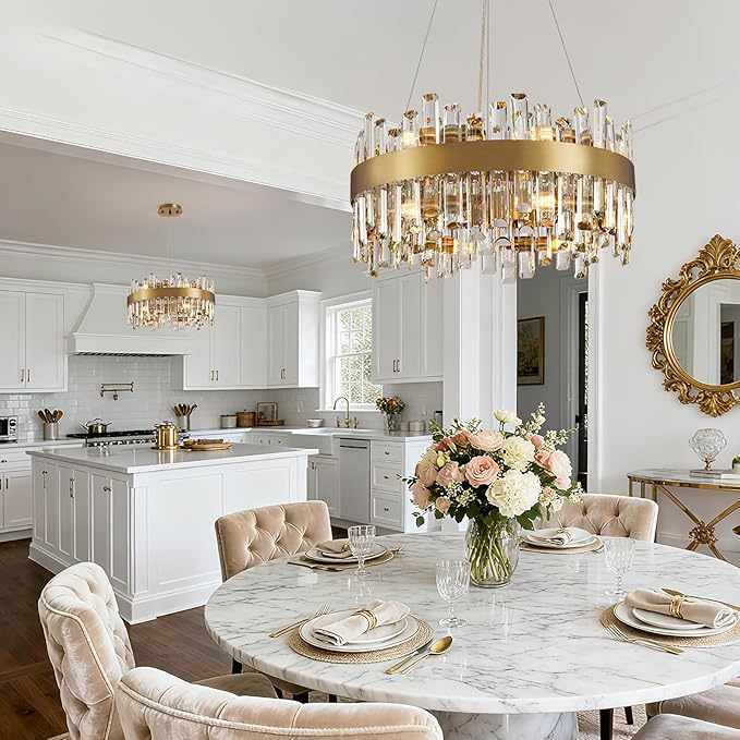 12-Light Modern Crystal Chandelier, 19.7'' Gold Chandelier Light Fixture, Brushed Gold 2-Tiers Raindrop K9 Crystal Ceiling Light Adjustable Round Chandeliers for Dining Room Bedroom Bathroom Entryway