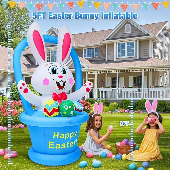 5 Ft Easter Inflatables Easter Decorations, Blow up Easter Decorations Outdoor with LED Lights Basket Light up Outdoor Easter Decor for Holiday Party Indoor Garden Lawn