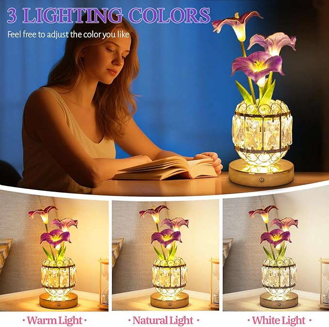 Flower Table Lamp, 3-Color Dimmable Artificial Flowers Night Light, Rechargeable Cordless Small Desk Lamp, Morning Glory with Crystal Vase for Party Date Home Decoration (Purple - Morning Glory)