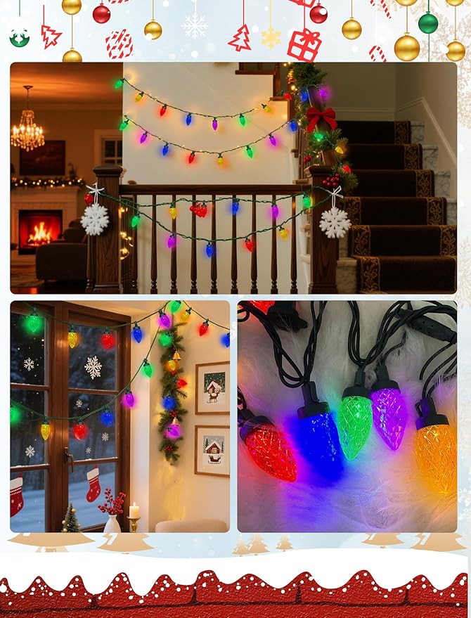 26Ft LED Christmas Lights Outdoor, C7 Vintage Christmas Lights with 52 Multicolor Strawberry Bulbs, Plug in Multicolor Fairy Lights for Indoor Patio Garden Party Wedding Christmas Decorations, Green