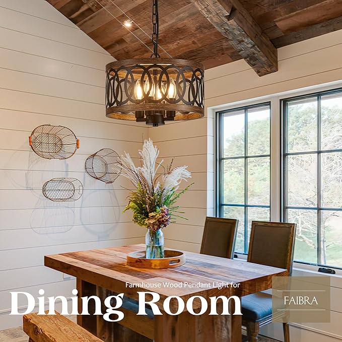 4-Light Farmhouse Drum Pendant Light,12.56'' Nature Wood Texture Vintage Rustic Chandeliers Black Metal Industrial Hanging Light Fixtures for Entryway, Bedroom Dining Room