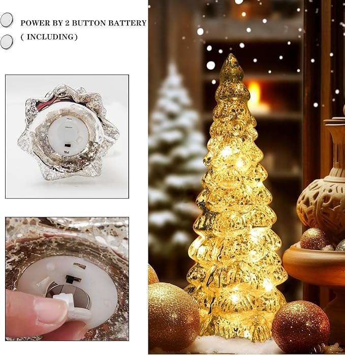 Christmas Tree Glass Decorative LED Light: 13.5" Tall, Battery Operated Holiday Tabletop Ornament, Frosted Glass Christmas Home Decor, Xmas Tree Night Light for Indoor Decor White