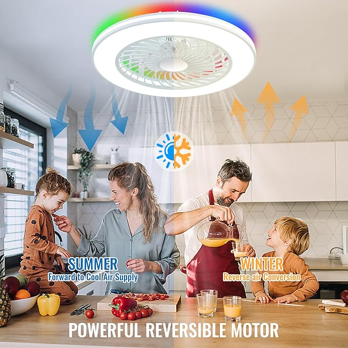 24'' Low Profile Bladeless Ceiling Fans with Lights, Remote/APP/Alexa Smart Control, RGB & 3CCT Dimmable, Flush Mount Ceiling Fan with 6-Speed Reversible for Bedroom Living Room Kid's Room