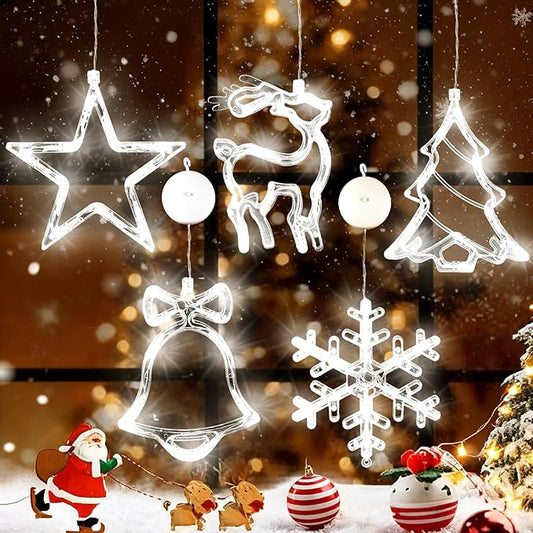 Asaint 5Pcs Christmas Window Lights Decorations,Lighted Bell Tree Reindeer Snowflake Star Battery Operated with Suction Cup for Christmas Window Glass Wall Indoor Decorations Muti-Color (White)