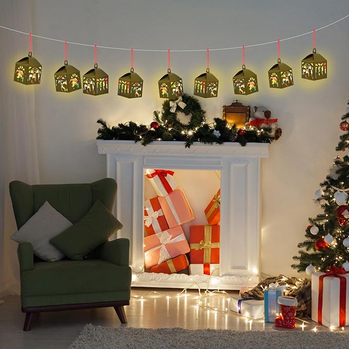 12 Sets Christmas Nativity Lanterns Crafts with LED Candles Lights Christmas Tissue Paper Crafts Kits DIY Birth of Jesus Religious Lanterns for Xmas Party Decor Classroom Activities