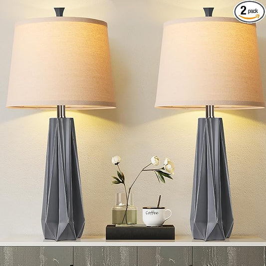 WIHTU 3 Color Temperature Table Lamps Set of 2, 27'' Grey Modern Table Lamp for Living Room, Beside Lamp with Linen Shade, Resin Desk Lamp for Nightstands Bedroom Decor (2 Bulbs Included)