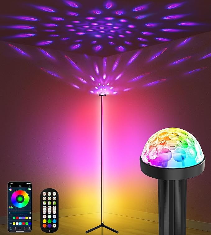 LanSuper Uplighter Corner Floor Lamp, Smart RGB LED Corner Floor Lamp,Modern Projector Floor lamp with APP & Remote,Ambient Lighting Color Changing Standing Lamp with Music Sync for Living Room