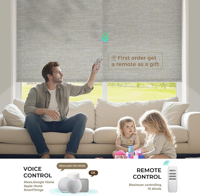 HeyBlinds Motorized Roller Shades, Smart Blinds for Windows, Remote Automatic Window Shades, Electric Shades, Light Filtering, Compatible with Alexa Google Apple Home (Sun Kissed-Grayish Coffee LF)