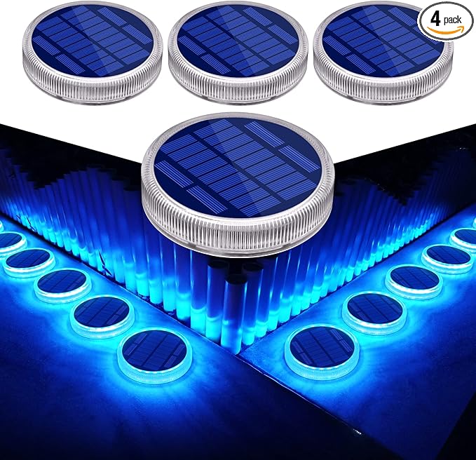 Blue Solar Deck Dock Lights Solar Powered, Step Warning Lights for Outside Driveway Sidewalk Garden Pathway Yard (4 Pack)