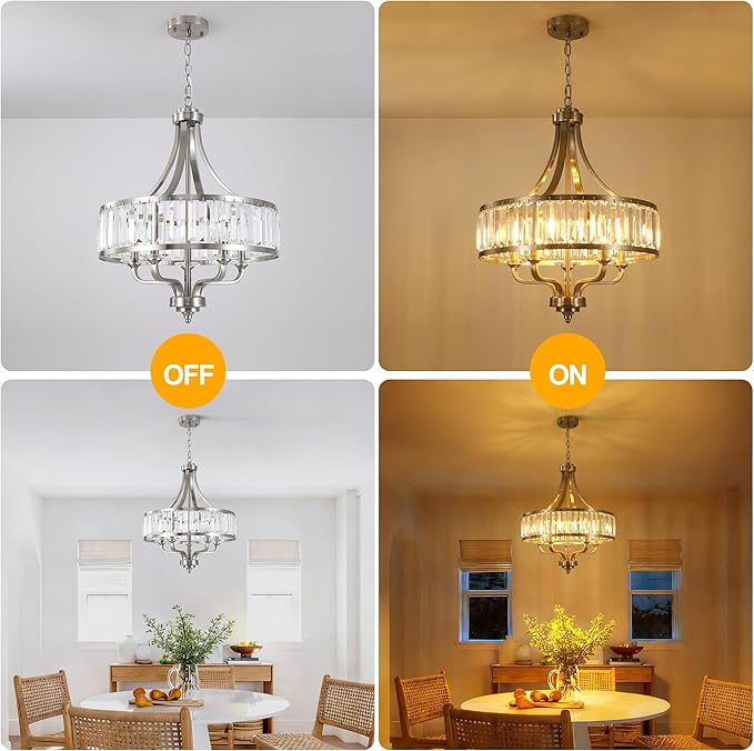 20" Brushed Nickel Crystal Chandelier,5-Light Modern Dining Room Light Fixture Over Table Adjustable Height Hanging Industrial Pendant Lights Kitchen Island,Living Room Kitchen Island Entryway