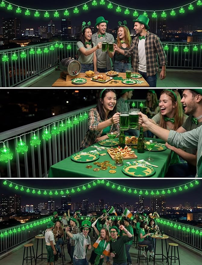 Outdoor St. Patrick's Day String Lights, 8.5Ft St. Patrick Decoration Lights with 10 Clover Lights, Plug in Shamrocks Lights Indoor for Garden Bedroom Birthday, Green Clover Decor