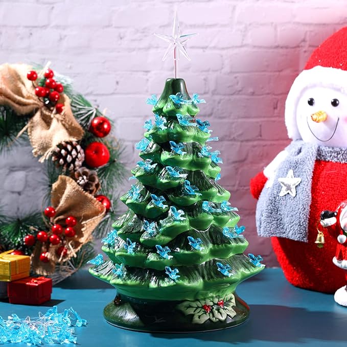 Mudder 100 Pieces Ceramic Christmas Tree Bird Bulbs and 5 Pieces Stars Replacement Plastic Bulbs for Ceramic Christmas Tree Decorations(Blue)