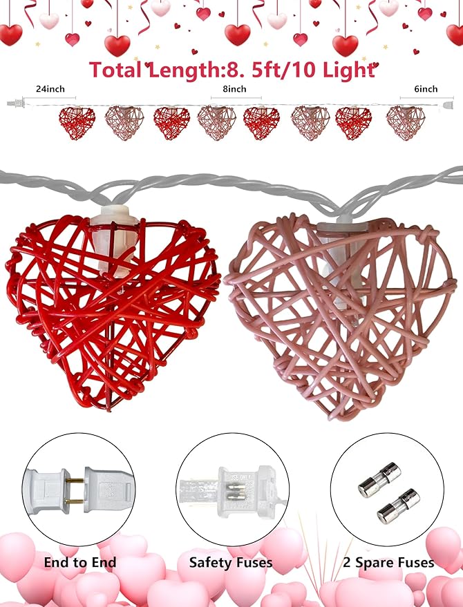 8.5ft Valentine’s Day Heart String Lights Plug in, Vintage Rattan Lights with 10 LED Red Pink Shatterproof Bulbs, Fairy Lights for Indoor Outdoor Home Decor Wedding Party Birthday, Warm White