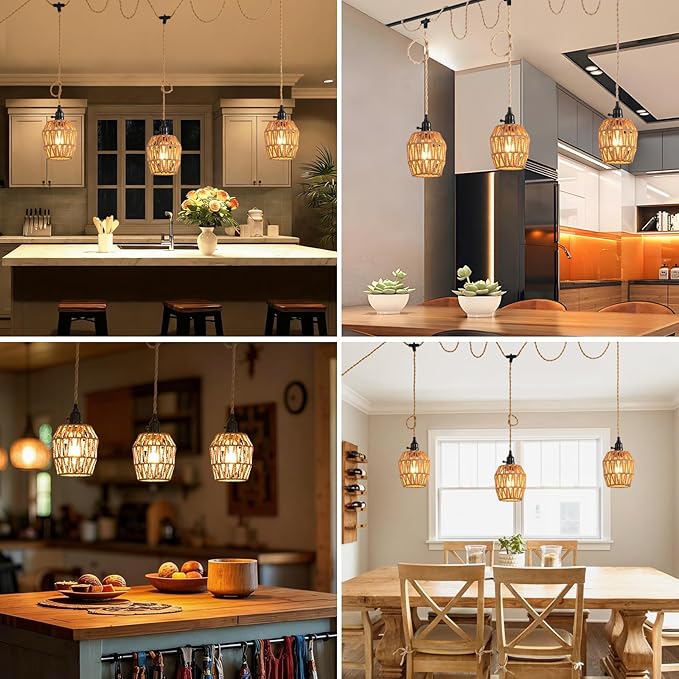 3 Light Plug in Pendant Light Rattan Hanging Lights with Switch 22FT Industrial Ceiling Light,Plug in Cord with Woven Hemp Rope Lamp Shade, Hanging Lamp Cord Farmhouse Cable DIY