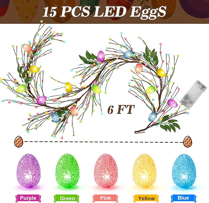 Enhon 6ft Easter Garland with Light, 15 LED Easter Egg Decoration, Spring Decorative for Mantle, Table Centerpieces, Stair Railing, Doorway, Windowsills, Front Door Décor & Party