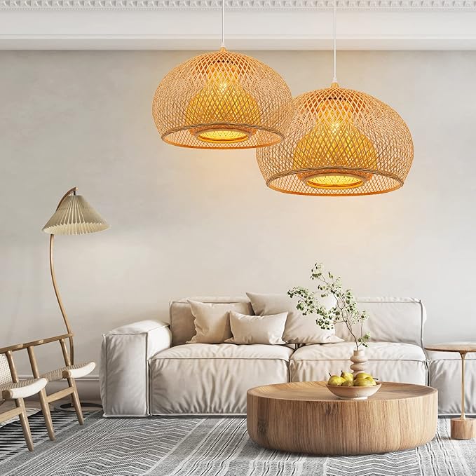 Arturesthome 1 Light Weaving Bamboo Pendant Light for Kitchen Island, Wicker Chandelier,Handmade Woven Hanging Ceiling Light Lampshade for Living Room Bedroom