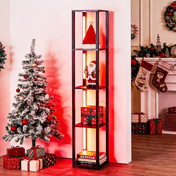 RGBCW Floor Lamp, LED Smart Modern Floor Lamp with Music Sync, Color Changing Corner Display Shelf Lamp, Square Standing Lamp with Shelves for Living Room and Bedroom, Office, Black