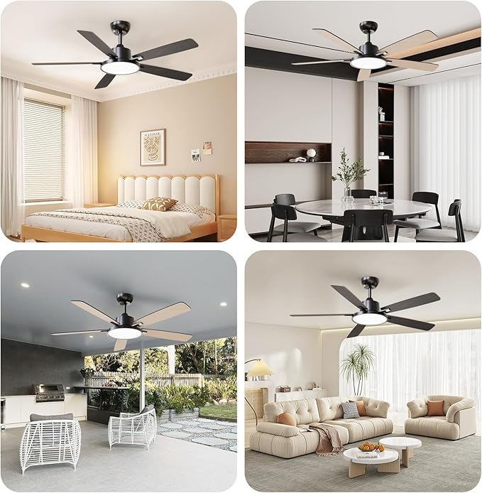 TALOYA 52 Inch Black Walnut Ceiling Fans with Lights Led Back Light Remote Control Flush Mount Low Profile for Bedroom Living Room Outdoor Patio,Reversible,DC Motor,3 Color Temperatures,5 Blades
