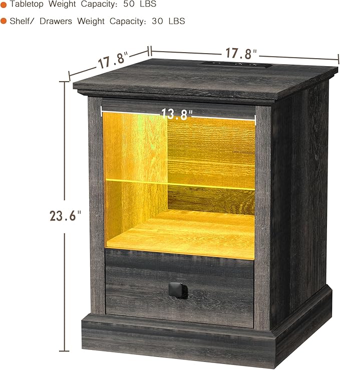 Resyet LED End Table with Charging Station - Adjustable Shelf Nightstand with Drawer, Storage, and Wooden Design for Bedroom & Living Room (Dark Rustic Oak)