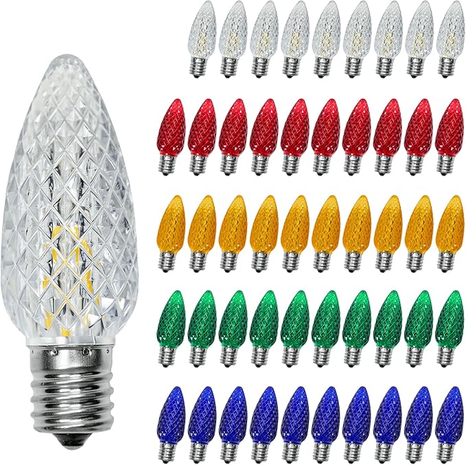 50 Pack C9 Led Christmas Lights Bulb, C9 Replacement LED Christmas Lights Outdoor Bulb, C9 Shatterproof Led Bulb for Christmas String Lights, E17 Base, Commercial Grade Multicolor Bulbs