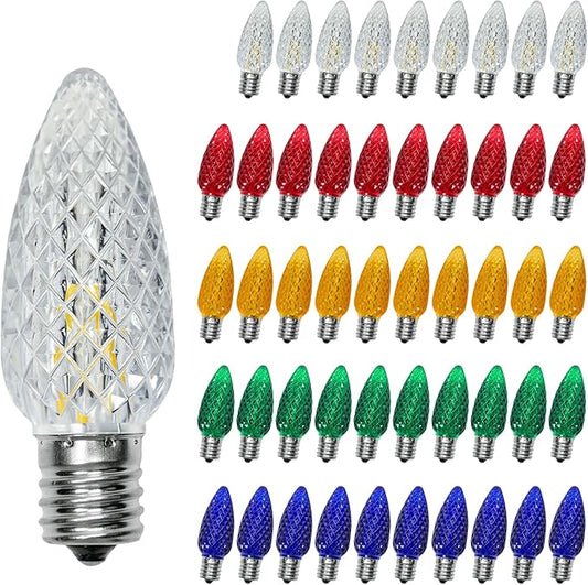 50 Pack C9 Led Christmas Lights Bulb, C9 Replacement LED Christmas Lights Outdoor Bulb, C9 Shatterproof Led Bulb for Christmas String Lights, E17 Base, Commercial Grade Multicolor Bulbs